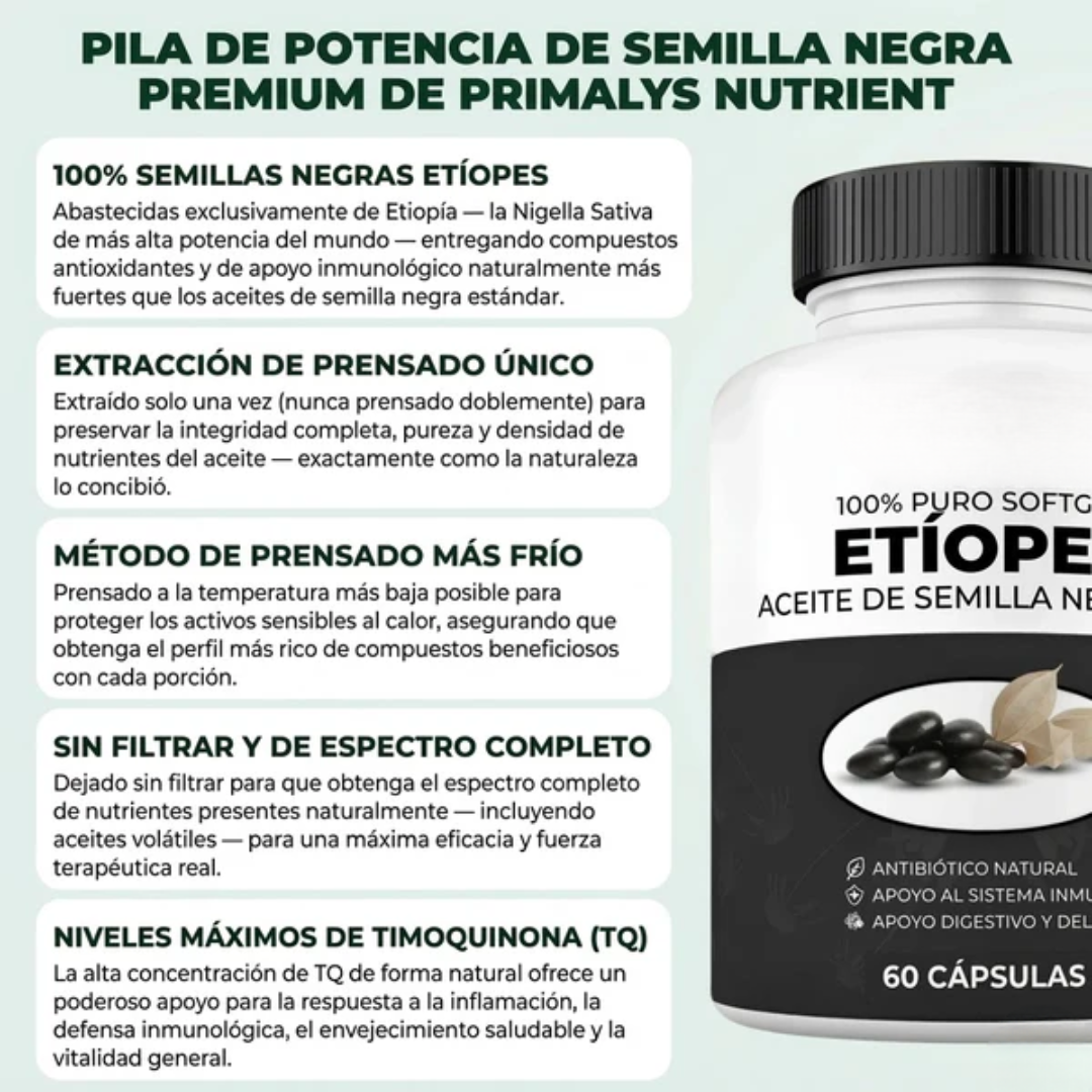 Aceite de Semilla Negra Etíope — La fórmula natural con 4,64% de timoquinona para tu equilibrio interno.