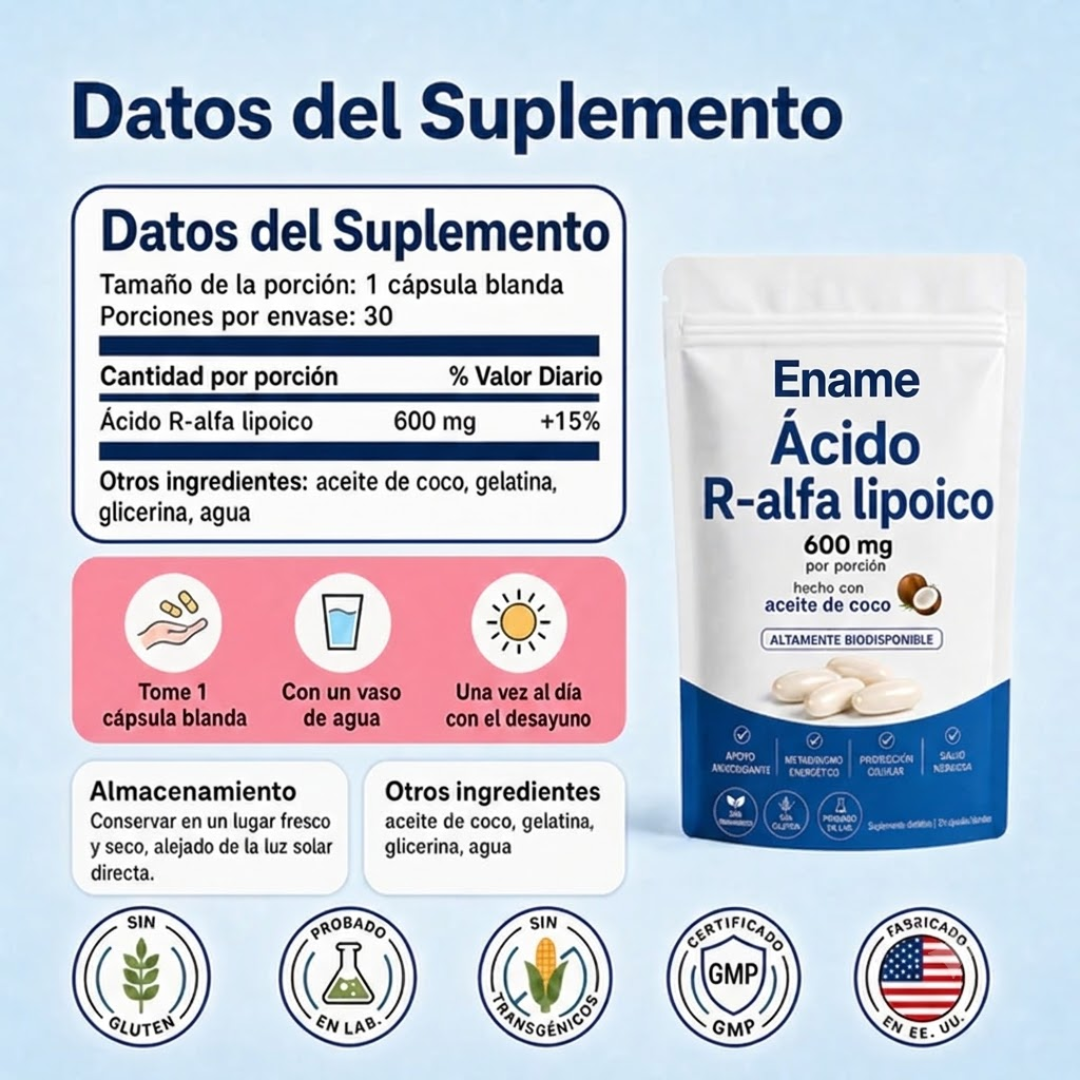 Ácido R-alfa lipoico — Cápsulas blandas de 600 mg en forma R pura